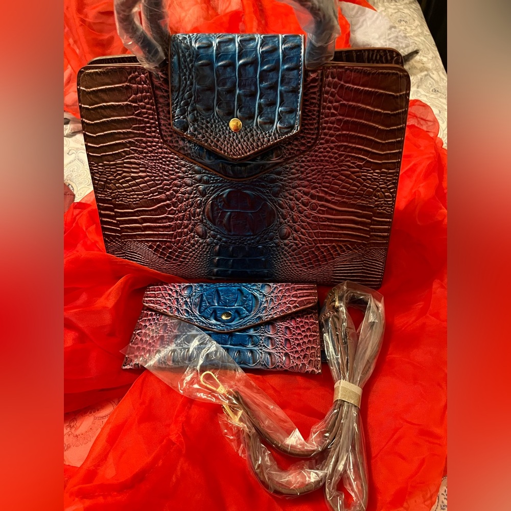 Elegant Crocodile Embossed Women's Bag Set - Blue and Brown